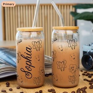 Personalized Glass Jars with Bamboo Lids for Dental professional.